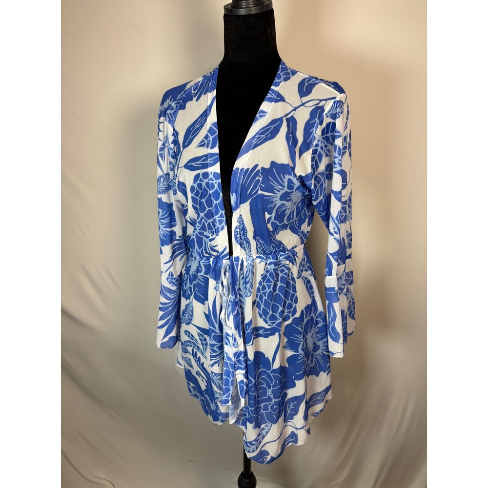 Blue White Tropical Mesh Tie Front Cardigan Bell Sleeve Cover Up Made‎ in Brazil